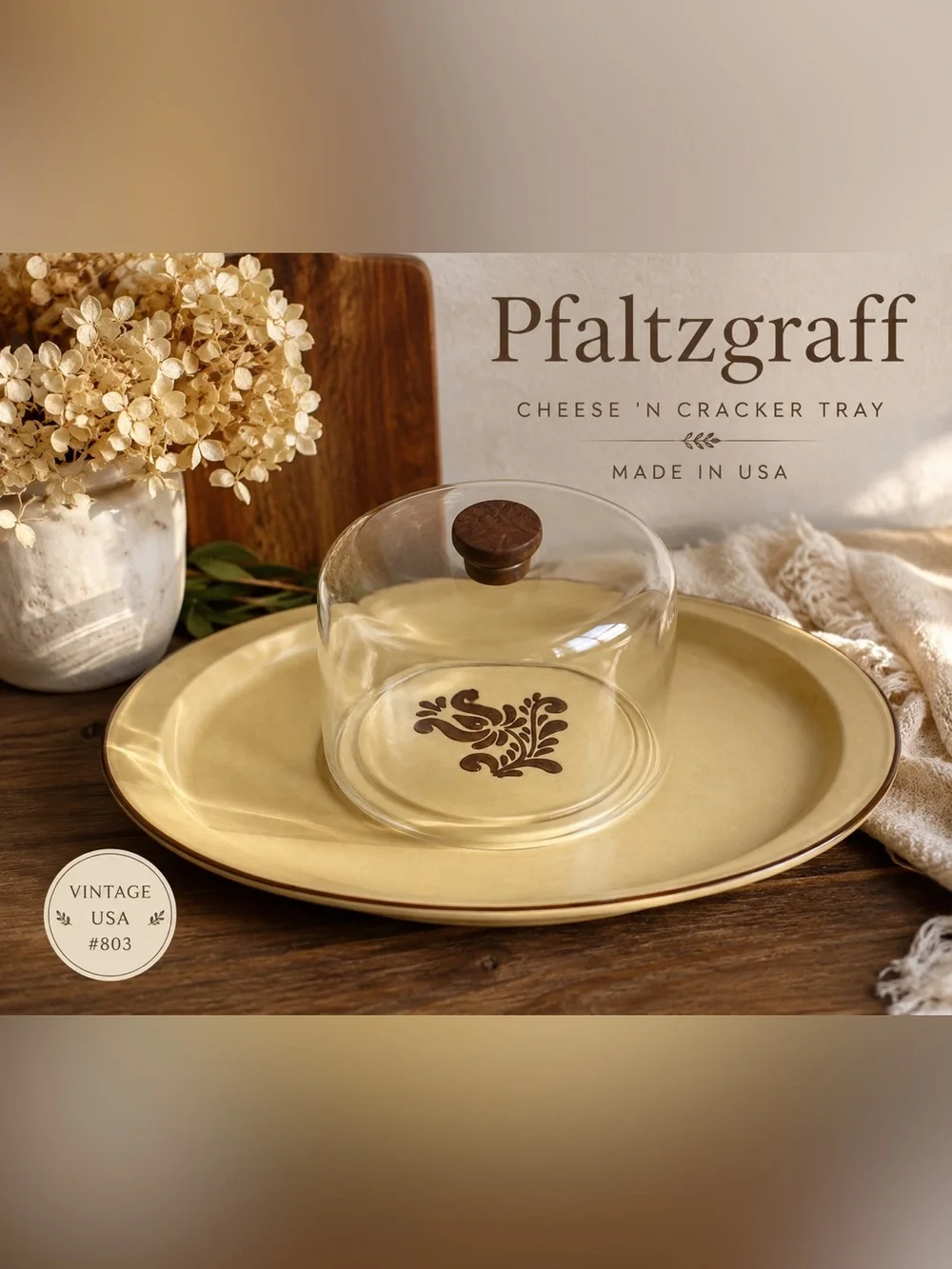 VINTAGE PFALTZGRAFF USA CHEESE ’N CRACKER TRAY #803 WITH ORIGINAL GLASS DOME